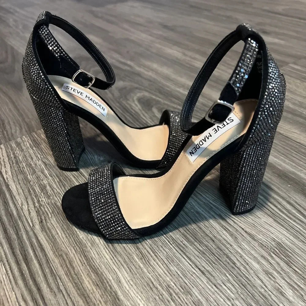 Steve Madden Carrson Black Crystal Ankle Strap High Heels Size 6